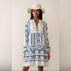 NEW Blue White Aztec Embroidered Tunic Dress | Boho Beach Cover-Up | Size M